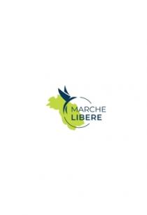 marchio è composto dalla dicitura MARCHE LIBERE, in maiuscolo con carattere Montserrat GoogleFont dove MARCHE è in stile regular marchio è composto dalla dicitura MARCHE LIBERE, in maiuscolo con carattere Montserrat GoogleFont dove MARCHE è in stile regular e LIBERE in stile semibold e posizionato sotto la parola MARCHE con giustificazione a sinistra, racchiusa in cerchio spezzato con la scritta che esce dal cerchio nella parte destra. Il cerchio è composto da una sola linea sottile e non ha un colore di riempimento. Nella parte superiore sinistra del cerchio la linea è interrotta e al suo posto vi è una stilizzazione di un uccello composto da un corpo arrotondato che segue la linea del cerchio, una grande ala destra, un accenno di ala sinistra e un accenno di coda sotto il corpo nella parte posteriore. Tutti gli elementi sopra descritti sono di colore blu Pantone 2768 e sormontano una stilizzazione della Regione Marche di colore verde pieno Pantone 389. Il disegno della Regione è diagonale come la posizione della regione nelle cartine geografiche e si sviluppa partendo, nella parte alta, a sinistra dell uccello stilizzato e scende, verso destra, entrando nel cerchio fin sotto la lettera M di Marche e le lettere LIB di Libere. MARCHE LIBERE