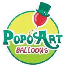 MARCHIO DI FORMA SFERICA, ALL INTERNO DEL CERCHIO, RIPORTATI SU DUE RIGHE, TROVIAMO LE PAROLE POPO ART E BALLONS, RAFFIGURANTE CON MARCHIO DI FORMA SFERICA, ALL INTERNO DEL CERCHIO, RIPORTATI SU DUE RIGHE, TROVIAMO LE PAROLE POPO ART E BALLONS, RAFFIGURANTE CON CARATTERI DI FANTASIA, RISPETTIVAMENTE DI COLORE VERDE E ROSSO, LO SFONDO DEL CERCHIO E DI COLORE VERDE SFUMATO IN CHIARO SCURO. LA PAROLA POPO ART E DI DIMENSIONI PIU GRANDI RISPETTO ALLA PAROLA BALLONS . ATTACCATO ALLA SECONDA O DELLA PAROLA POPO TROVIAMO LA RAFFIGURAZIONE DI UN PALLONCINO DI COLORE ROSSO CON APPOGGIATO SU DI ESSO, ALL ESTREMITA SUPERIORE, UN CAPPELLO IN STILE MAGO, DI COLORE VERDE. TUTTO COME MEGLIO RAFFIGURATO DA ESEMPLARE ALLEGATO. MARCHIO DI FORMA SFERICA, ALL INTERNO DEL CERCHIO, RIPORTATI SU DUE RIGHE, TROVIAMO LE PAROLE POPO ART E BALLONS, RAFFIGURANTE CON
