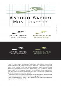 logo di Antichi Sapori Montegrosso S.r.l. nasce dalla fusione di due elementi che rappresentano in modo semplice, intuitivo ed logo di Antichi Sapori Montegrosso S.r.l. nasce dalla fusione di due elementi che rappresentano in modo semplice, intuitivo ed immediato il territorio e il genere di cucina che caratterizza il ristorante. Nell immediato si crea una forchetta sinuosa che ricorda il paesaggio collinare delle Murge dove si trova il ristorante, mentre esaminandola nel particolare si nota che il manico della forchetta rappresenta il viale che conduce un orto annesso al ristorante stilizzato con i quattro rebbi denti che riconducono a dei filari coltivati. L elemento grafico è posizionato con giustificazione centrale alla denominazione in maiuscoletto del ristorante e al nome del luogo geografico. Il logo può essere usato in bianco e nero oppure colorato rispettando sempre la sequenza di tonalità dei filari rebbi . Il logo di Antichi Sapori Montegrosso S.r.l. nasce dalla fusione di due elementi che rappresentano in modo semplice, intuitivo ed
