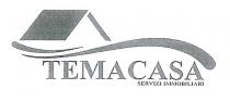Logotipo costituito dalla scritta TEMACASA in caratteri grafici maiuscolo tipo bodoni al quale è sottoposta in basso a destra, in Logotipo costituito dalla scritta TEMACASA in caratteri grafici maiuscolo tipo bodoni al quale è sottoposta in basso a destra, in egual caratteri ma di corpo inferiore la scritta SERVIZI IMMOBILIARI ; un tetto stilizzato con pittogrammi che simulano un onda sovrastano logo. Logotipo costituito dalla scritta TEMACASA in caratteri grafici maiuscolo tipo bodoni al quale è sottoposta in basso a destra, in