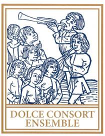 Denominazione: DOLCE CONSORT ENSEMBLE.Doppio riquadro rettangolare di colore oro; il riquadro più piccolo a sua volta diviso in due parti, Denominazione: DOLCE CONSORT ENSEMBLE. Doppio riquadro rettangolare di colore oro; riquadro più piccolo a sua volta diviso in due parti, un quadrato all interno del quale c è un disegno dove vengono raffigurate immagini di due cantori musicisti medioevali ed un gruppo di sei uditori, tutti di colore blu, ed un rettangolo più piccolo posizionato al di sotto della figura in cui c è la scritta DOLCE CONSORT ENSEMBLE di colore oro. Denominazione: DOLCE CONSORT ENSEMBLE.Doppio riquadro rettangolare di colore oro; il riquadro più piccolo a sua volta diviso in due parti