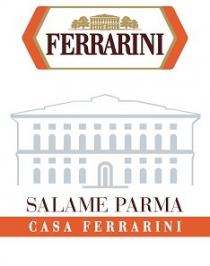 marchio consiste in un logo complesso, costituito da un poligono con una cornice interna di colore oro e una marchio consiste in un logo complesso, costituito da un poligono con una cornice interna di colore oro e una cornice esterna di colore arancione, all interno del quale si trova la parola FERRARINI di colore marrone scuro, sopra la quale vi è la raffigurazione stilizzata di un palazzo di colore oro, affiancata da due alberi di colore oro per lato, detto poligono essendo posto al di sopra della raffigurazione stilizzata di un edificio, sotto il quale si trova la dicitura SALAME PARMA, di colore marrone scuro, a sua volta sovrastante un campo rettangolare di colore arancione, contenente la dicitura CASA FERRARINI, di colore bianco. Il marchio consiste in un logo complesso, costituito da un poligono con una cornice interna di colore oro e una