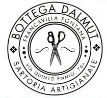marchio figurativo si compone da cerchi concentrici con tre anelli posti l uno dentro l altro. All interno dell anello più piccolo sono marchio figurativo si compone da cerchi concentrici con tre anelli posti l uno dentro l altro. All interno dell anello più piccolo sono rappresentate un paio di forbici caratterizzate dalle lettere iniziali B e D nell impugnatura, con due decorazioni a s accanto. Nel secondo anello è riportata la sede dell attività, dove l indicazione della città è separata dall indirizzo da tre cerchi a destra e tre cerchi a sinistra. Nel terzo anello, più esterno, sono riportate la denominazione sociale BOTTEGA DALMUT e la scritta SARTORIA ARTIGIANALE, separate da 4 rombi a destra e 4 rombi a sinistra. Il marchio figurativo si compone da cerchi concentrici con tre anelli posti l uno dentro l altro. All interno dell anello più piccolo sono