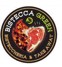 Marchio misto, si compone di una parte testuale e una parte grafica. La parte testuale è composta dalle parole BISTECCA Marchio misto, si compone di una parte testuale e una parte grafica. La parte testuale è composta dalle parole BISTECCA GREEN, in carattere maiuscolo, la prima parola in colore bianco, la seconda in colore verde chiaro; si compone altresi delle parole BISTECCHERIA TAKE AWAY, in carattere maiuscolo, di colore giallo scuro. Tutte le parole si dispongono formando un circolo all interno di un cerchio con sfondo di colore marrone scuro. All interno del cerchio è presente un immagine cuoriforme cosi composta: la metà sinistra del cuore ha al suo interno l immagine di carboni ardenti; la metà destra e costituita da una bistecca cruda. Sopra l immagine cuoriforme è presente l immagine di due foglioline incastonate in un cerchio verde e delle linee stilizzate che simulano fumo proveniente dalla bistecca. Marchio misto, si compone di una parte testuale e una parte grafica. La parte testuale è composta dalle parole BISTECCA