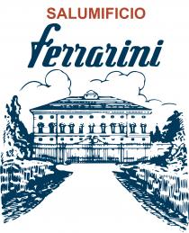 IL MARCHIO E COSTITUITO DA UN IMMAGINE COLORE BLU DI UNA VILLA SULLO SFONDO CON UNA CANCELLATA ED UN CANCELLO CHIUSO MARCHIO E COSTITUITO DA UN IMMAGINE COLORE BLU DI UNA VILLA SULLO SFONDO CON UNA CANCELLATA ED UN CANCELLO CHIUSO E LA STILIZZAZIONE DI UN VIALETTO CON ALBERI AI FIANCHI. SOPRA LA VILLA LA STILIZZAZIONE DI NUVOLE E LE SCRITTE SALUMIFICIO IN MAIUSCOLO COLORE ARANCIONE E Ferrarini IN CORSIVO COLORE BLU IL MARCHIO E COSTITUITO DA UN IMMAGINE COLORE BLU DI UNA VILLA SULLO SFONDO CON UNA CANCELLATA ED UN CANCELLO CHIUSO