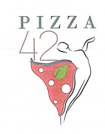 Marchio composto da dicitura PIZZA con carattere maiuscolo di colore nero, Bodoni MT regular, sotto la parola pizza, sotto Marchio composto da dicitura PIZZA con carattere maiuscolo di colore nero, Bodoni MT regular, sotto la parola pizza, sotto le lettere P I Z c è disegnato numero 42 di colore rosso, sotto la parola PIZZA cioè sotto le lettere Z A compare la siluette di una donna nel corpo bianca con bordi neri alla sinistra della figura femminile e sotto il num. 42 troviamo una fetta di pizza che simula un ala di farfalla i cui colori richiamano quelli di una pizza e sono bianco della mozzarella, rosso del pomodoro e verde del basilico Marchio composto da dicitura PIZZA con carattere maiuscolo di colore nero, Bodoni MT regular, sotto la parola pizza, sotto