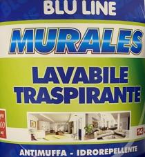 marchio è costituito da sette fasce colorate dove al loro interno contengono testi e immagini così distribuiti:la prima fascia marchio è costituito da sette fasce colorate dove al loro interno contengono testi e immagini così distribuiti: la prima fascia di colore blu scuro contiente a motivo diagonale più volte ripetuto la scritta tutta in maiuscolo BLU LINE di colore blu leggermente più chiaro, centralmente sempre all interno del riquadro c è la scritta di colore bianco e tutto maiuscolo BLU LINE; la seconda fascia è di colore verde, di dimensioni ridotte e non contiene scritte al suo interno; la terza fascia è di colore bianco e al suo interno è presenta la scritta tutta maiuscola MURALES, di colore blu e dove centralmente viene trapassata da una linea bianca sfumata parallela alle fasce colorate, ogni singola lettera della parola ha dei contorni che vanno dal verde al rosso sfumando al centro; la quarta fascia e di colore verde con varie sfumature verso il lato destro a scurire, all interno della stessa è contenuta la parola tutta in maiuscolo LAVABILE sopra e TRASPIRANTE sotto di colore blu scuro; subito sotto la parola TRASPIRANTE tra la quarta fascia colorata e la quinta fascia colorata di colore bianco, ci sono due fotografie che rappresentano due salotti con pareti principalmente di colore bianco con diversi arredi, entrambe le foto si trovano dentro una cornice bianca; la sesta fascia è di colore verde di dimensioni ridotte; la settima fascia di colore blu scuro contiene a motivo diagonale più volte ripetuto la scritta tutta in maiuscolo BLU LINE di colore blu leggermente più chiaro, all interno di questa fascia c è la scritta tutta maiuscola e tutta sulla stessa riga ANTIMUFFA IDROREPELLENTE infine sul latro destro di tutta la composizione del marchio c è un motivo di colore bianco tendente al trasparente che rappresenta una C capovolta in maniera speculare Il marchio è costituito da sette fasce colorate dove al loro interno contengono testi e immagini così distribuiti:la prima fascia