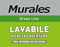 marchio è costituito principalmente in tre bande colore dove al loro interno contengono testi:Nella prima banda di colore grigio marchio è costituito principalmente in tre bande colore dove al loro interno contengono testi: Nella prima banda di colore grigio RGB, 177,178,179 al suo interno contiente la scritta Murales con la M maiuscola con inclinazione in corsivo, tutta di colore nero con contorno bianco; Nella seconda banda di colore verde scuro RGB, 68,150,41 si trova al suo interno la scritta Green Line di colore bianco con la G e la L maiuscole Nella terza banda di colore verde RGB,147,193,28 si trova al suo interno sulla prima riga tutto maiuscolo di colore bianco con contorno nero la scritta LAVABILE, sulla seconda riga tutto maiuscolo di colore bianco con contorno nero la scritta ALTA COPERTURA, e sulla terza riga al centro un rettangolo grigio dove al suo interno è scritto tutto maiuscolo di colore bianco PER INTERNI ED ESTERNI Il marchio è costituito principalmente in tre bande colore dove al loro interno contengono testi