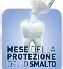 UN DENTE BIANCO, SU SFONDO AZZURRO, RICEVE DELLA PASTA DENTIFRICIA BIANCA SULLA PARTE SUPERIORE, DALLA TESTA DI UN TUBETTO BIANCO UN DENTE BIANCO, SU SFONDO AZZURRO, RICEVE DELLA PASTA DENTIFRICIA BIANCA SULLA PARTE SUPERIORE, DALLA TESTA DI UN TUBETTO BIANCO DI DENTIFRICIO, PARZIALMENTE DEBORDANTE DALLO SFONDO; SOPRA LA RADICE DEL DENTE, IN CARATTERE BLU MAIUSCOLO, ALTERNATAMENTE IN GRASSETTO, SU TRE RIGHE E POSTA LA DICITURA MESE DELLA PROTEZIONE DELLO SMALTO UN DENTE BIANCO, SU SFONDO AZZURRO, RICEVE DELLA PASTA DENTIFRICIA BIANCA SULLA PARTE SUPERIORE, DALLA TESTA DI UN TUBETTO BIANCO