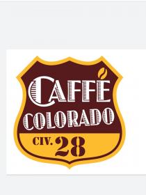 marchio è composto dalla scritta CAFFE COLORADO CIV. 28 Nella parola caffè, posta in alto, la lettera iniziale C è marchio è composto dalla scritta CAFFE COLORADO CIV. 28 Nella parola caffè, posta in alto, la lettera iniziale C è di dimensioni più grandi rispetto alle altre lettere che compongono la stessa, mentre l accento sulla è finale è rappresentato da un chicco di caffè. Subito in basso è posta la parola Colorado, in posizione leggermente inclinata rispetto alle altre parole di dimensioni più piccole. Sotto la parola Colorado, vi è Civ., abbreviazione della parola Civico, di dimensione più piccola e subito a destra, più grande, il numero 28 chiaro riferimento alla ubicazione della ditta titolare . Il tutto è racchiuso in un gagliardetto con un alternanza di colori sullo sfondo positivo/negativo specificati nei seguenti pantoni: pantone 504 C pantone 1235 C La scritta Caffè Colorado invece è bianca, con dettagli che riprendono il marrone usato per lo sfondo e per le parole Civ. 28 1235 C . Il marchio è composto dalla scritta CAFFE COLORADO CIV. 28