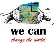 marchio è composto dalle diciture, poste su due righe, we can e change the world in qualsiasi carattere di marchio è composto dalle diciture, poste su due righe, we can e change the world in qualsiasi carattere di stampa, grafia, colore e combinazione di colori, e da una immagine raffigurante un cubo suddiviso esso stesso in ulteriori cubi di dimensioni minori ove nella parte superiore destra cinque dei cubi minori si staccano in modo casuale dal corpo centrale; sulla superficie complessiva del cubo è rappresentato un planisfero fisico. Il cubo è sorretto da due mani stilizzate che simulano lo scuotimento del mondo cubico. Il marchio è composto dalle diciture, poste su due righe, we can e change the world in qualsiasi carattere di