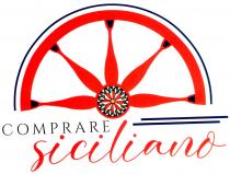 Comprare siciliano - mezza ruota del carretto siciliano, parte superiore, di colore rosso, con cinque raggi di colore rosso con Comprare siciliano - mezza ruota del carretto siciliano, parte superiore, di colore rosso, con cinque raggi di colore rosso con estremita blu, che partono dal cerchio centrale formato da un fiore geometrico colorato rosso giallo verde blu bianco. Lo spazio di intersezione tra i raggi e bianco e una linea a semicerchio di colore blu circonda la mezza ruota. Sotto a destra e posta la scritta COMPRARE in stampatello e sotto quest ultima la scritta in corsivo siciliano. Accanto la scritta COMPRARE vi sono due linee una sotto l altra di colore blu. Comprare siciliano - mezza ruota del carretto siciliano, parte superiore, di colore rosso, con cinque raggi di colore rosso con