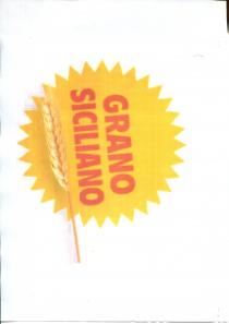 Sole giallo con punte stilizzato con scritta rossa al centro GRANO SICILIANO ed in basso la figura di una Sole giallo con punte stilizzato con scritta rossa al centro GRANO SICILIANO ed in basso la figura di una spiga di grano Sole giallo con punte stilizzato con scritta rossa al centro GRANO SICILIANO ed in basso la figura di una