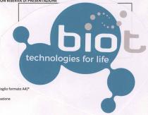 Bio-T TECHNOLOGIES FOR LIFE IL MARCHIO E COMPOSTO DALLA PAROLA BIO-T E DALLA SPECIFICA TECHNOLOGIES FOR LIFE . LA PAROLA BIO Bio-T TECHNOLOGIES FOR LIFE MARCHIO E COMPOSTO DALLA PAROLA BIO-T E DALLA SPECIFICA TECHNOLOGIES FOR LIFE . LA PAROLA BIO E SCRITTA IN MINUSCOLO ED E BIANCA SU UNA MACCHIA AZZURRA CHE RAPPRESENTA LA STILIZZAZIONE DI UNA MOLECOLA COLLEGATA ALTRE MOLECOLE PIU PICCOLE, LA T E GRIGIA POSTA ALL ESTERNO DELL IMMAGINE DELLA MOLECOLA. SOPRA LA LETTERA I DI BIO IL PUNTINO RAPPRESENTA UNA STILIZZAZIONE DELL ELICA DEL DNA UMANO. L ELICA E GRIGIA, COMPOSTA DA DUE FILE DI CERCHI DECRESCENTI. LA SPECIFICA E BIANCA, POSTA SUL FONDO AZZURRO SOTTO LA SCRITTA BIO-T. IL LOGO PUO ESSERE RAPPRESENTATO ANCHE SENZA LA MOLECOLA PRINCIPALE. Bio-T TECHNOLOGIES FOR LIFE IL MARCHIO E COMPOSTO DALLA PAROLA BIO-T E DALLA SPECIFICA TECHNOLOGIES FOR LIFE . LA PAROLA BIO