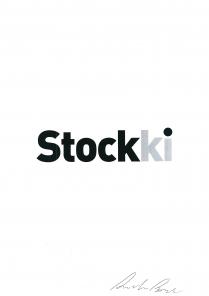 marchio consiste nella denominazione stockki, scritto partendo dal suffisso stock con aggiunte la lettera k e la lettera i marchio consiste nella denominazione stockki, scritto partendo dal suffisso stock con aggiunte la lettera k e la lettera i finali. Il nome è scritto tutto in minuscolo. Il font utilizzato è il DIn Alternate Black. Da riprodursi in qualsiasi colore. Nella versione colorata, la lettera k e la lettera i finali si differenziano per colore dal resto della scritta, mentre il puntino sulla i finale riprende il colore delle prime cinque lettere della scritta. Il marchio consiste nella denominazione stockki, scritto partendo dal suffisso stock con aggiunte la lettera k e la lettera i