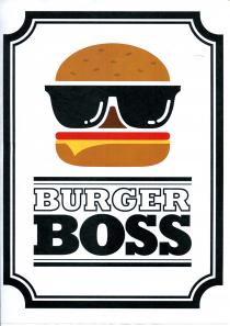 Doppia cornice nera con smussatura sugli angoli su fondo bianco contenente all interno un hamburger con occhiali da sole neri con Doppia cornice nera con smussatura sugli angoli su fondo bianco contenente all interno un hamburger con occhiali da sole neri con puntino e linea bianca sul lato sinistro degli occhiali; naso color marrone scuro, linea rossa rappresentazione di carne, linea gialla con sbavatura rappresentazione di formaggio e smorfia ; pane color marrone chiaro e semi di sesamo colore marrone scuro sulla parte superiore; scritta BURGER BOSS in mezzo a due linee nere... BURGER colore bianco e cornice nera e BOSS colore nera Doppia cornice nera con smussatura sugli angoli su fondo bianco contenente all interno un hamburger con occhiali da sole neri con