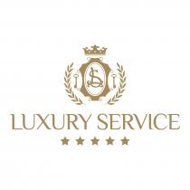 marchio LUXURY SERVICE che si avvale di uno stemma sagomato con due foglie di alloro lungo i bordi e caratterizzato marchio LUXURY SERVICE che si avvale di uno stemma sagomato con due foglie di alloro lungo i bordi e caratterizzato dalla presenza di due chiavi, collocate, ognuna di esse, nelle rientranze lungo i lati dello stemma. Una corona sulle lettere intrecciate L e S e sottostante la dicitura del marchio e cinque stelle tutto di colore oro su fondo bianco. marchio LUXURY SERVICE che si avvale di uno stemma sagomato con due foglie di alloro lungo i bordi e caratterizzato