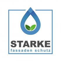 marchio consta: Della sintesi logotipica del nome STARKE con payoff fassaden schutz sovrastato da un immagine grafica che rappresenta una goccia marchio consta: Della sintesi logotipica del nome STARKE con payoff fassaden schutz sovrastato da un immagine grafica che rappresenta una goccia stilizzata con all interno due foglie di diverse tonalità di verde. il font del marchio è: Arial Black STARKE Arial bold fassaden schutz Il marchio consta:Della sintesi logotipica del nome STARKE con payoff fassaden schutz sovrastato da un immagine grafica che rappresenta una goccia