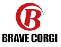 marchio è costituito dalla dicitura BRAVE CORGI, di colore nero, al di sopra della quale vi è la riproduzione marchio è costituito dalla dicitura BRAVE CORGI, di colore nero, al di sopra della quale vi è la riproduzione stilizzata delle lettere CB di colore rosso. Il marchio è costituito dalla dicitura BRAVE CORGI, di colore nero, al di sopra della quale vi è la riproduzione