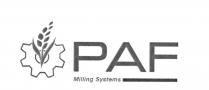 il marchio è costituito dalla frase di fantasia PAF MILLING SYSTEMS in cui si vede a sinistra della parola principale marchio è costituito dalla frase di fantasia PAF MILLING SYSTEMS in cui si vede a sinistra della parola principale la rappresentazione stilizzata di una spiga di grano, sovraposta alla rappresentazione stilizzata di un ingranaggio. Accanto al payoff Milling systems è presente una linea che continua per tutta la lunghezza della scritta principale PAF . Traduzione: PAF sistemi per la molitoria il marchio è costituito dalla frase di fantasia PAF MILLING SYSTEMS in cui si vede a sinistra della parola principale