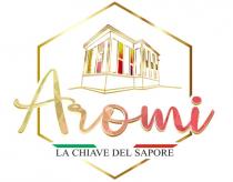 marchio è costituito dalla dicitura AROMI in caratteri di fantasia posizionata sopra ad un impronta di forma esagonale all interno della marchio è costituito dalla dicitura AROMI in caratteri di fantasia posizionata sopra un impronta di forma esagonale all interno della quale si trova il disegno in prospettiva di un edificio di stile classico con alte finestre; tutti gli elementi descritti sono di tonalità cangiante dal giallo dorato al ruggine. Sotto al termine AROMI si trova la dicitura LA CHIAVE DEL SAPORE in caratteri stampati di colore nero, sormontata da una fascia tricolore verde - bianco - rossa Il marchio è costituito dalla dicitura AROMI in caratteri di fantasia posizionata sopra ad un impronta di forma esagonale all interno della