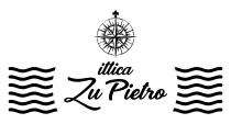 Nome della società ittica Zu Pietro posto al centro del logo in carattere corsivo, ad entrambi i suoi lati, simmetricamente Nome della società ittica Zu Pietro posto al centro del logo in carattere corsivo, entrambi i suoi lati, simmetricamente rispetto al nome, vi è la riproduzione grafica di alcune onde del mare. Al di sopra del nome è posizionata la riproduzione di una rosa dei venti Nome della società ittica Zu Pietro posto al centro del logo in carattere corsivo, ad entrambi i suoi lati, simmetricamente
