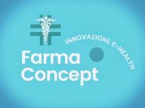 Nel riquadro azzurro è presente in alto a sinistra il simbolo caduceo che identifica le attività farmaceutiche ovvero il bastone Nel riquadro azzurro è presente in alto a sinistra simbolo caduceo che identifica le attività farmaceutiche ovvero il bastone alato con due serpenti attorcigliati; il simbolo si trova all interno di una croce. Nel riquadro a destra è presente la dicitura Innovazione E - Health a forma semicircolare. Immediatamente sotto alla suddetta scritta vi è un cerchio ed è presente nel riquadro il nome del progetto che è Farma Concept. Nel riquadro azzurro è presente in alto a sinistra il simbolo caduceo che identifica le attività farmaceutiche ovvero il bastone