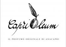 Marchio figurativo con elementi verbali costituito dagli elementi verbali stilizzati CAPRIOLEUM IL PROFUMO ORIGINALE DI ANACAPRI posti gli uni al Marchio figurativo con elementi verbali costituito dagli elementi verbali stilizzati CAPRIOLEUM PROFUMO ORIGINALE DI ANACAPRI posti gli uni al di sopra degli altri e raffigurati rispettivamente: CAPRIOLEUM in carattere corsivo minuscolo grassetto eccezione della lettera iniziale C raffigurata in formato maiuscolo; IL PROFUMO ORIGINALE DI ANACAPRI, in carattere stampatello maiuscolo. In particolare la lettera O del suddetto elemento è raffigurata dall immagine stilizzata di un oliva con foglia. Marchio figurativo con elementi verbali costituito dagli elementi verbali stilizzati CAPRIOLEUM IL PROFUMO ORIGINALE DI ANACAPRI posti gli uni al