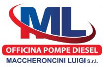 ML OFFICINA POMPE DIESEL MACCHERONCINI LUIGI S.r.l. Marchio figurativo contenente elementi verbali, come da immagine allegata, costituito dalle lettere ML OFFICINA POMPE DIESEL MACCHERONCINI LUIGI S.r.l. Marchio figurativo contenente elementi verbali, come da immagine allegata, costituito dalle lettere stilizzate ML, alle quali è sovrapposto un segno grafico curvo, di colore rosso, riprodotte con orientamento orizzontale da sinistra verso destra. Al di sotto delle suddette lettere ML, vi è la scritta OFFICINA POMPE DIESEL, di dimensione minore. Ancora più al di sotto vi è la denominazione sociale MACCHERONCINI LUIGI S.r.l. . ML OFFICINA POMPE DIESEL MACCHERONCINI LUIGI S.r.l. Marchio figurativo contenente elementi verbali, come da immagine allegata, costituito dalle lettere