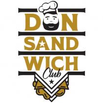 marchio consiste nella dicitura DON SANDWICH CLUB su quattro righe di colore oro tranne che per la scritta CLUB marchio consiste nella dicitura DON SANDWICH CLUB su quattro righe di colore oro tranne che per la scritta CLUB che risulta in nero. Nella prima riga la lettera O è sostituita dalla rappresentazione grafica di un viso con barba e cappello da cuoco di colore nero. Nella seconda riga al centro della lettera A appare una stella bianca. Mentre nella terza riga la scritta WICH è leggermente sovrastata in basso dalla scritta CLUB che risulta in caratteri calligrafici diversamente dagli altri caratteri che sono in stampatello maiuscolo. Ogni riga è suddivisa da linee in grassetto nere e nell ultima riga centralmente appare una stella nera sottostante 4 linee triangolari dalle quali ai lati fuoriescono delle rappresentazioni grafiche di condimenti per panini di colore oro. Il marchio consiste nella dicitura DON SANDWICH CLUB su quattro righe di colore oro tranne che per la scritta CLUB