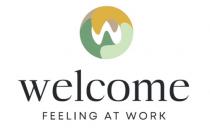 WELCOME FEELING AT WORK e figura a colori. Il marchio è costituito dalla dicitura WELCOME FEELING AT WORK tradotta in WELCOME FEELING AT WORK e figura a colori. marchio è costituito dalla dicitura WELCOME FEELING AT WORK tradotta in italiano BENVENUTO SENTIRSI AL LAVORO in grafia particolare, posta su due righe ed abbinata un elemento figurativo. Il tutto nei colori nero, verde, verde chiaro, ocra, marrone e bianco. WELCOME FEELING AT WORK e figura a colori. Il marchio è costituito dalla dicitura WELCOME FEELING AT WORK tradotta in