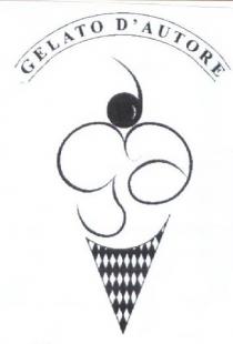 Gelato d autore Cono gelato stilizzato con un cono con trama a rombi sopra il quale vi sono le lettere maiuscole Gelato d autore Cono gelato stilizzato con un cono con trama a rombi sopra quale vi sono le lettere maiuscole corsive GD che simulano le palline di gelato con una ciliegia stilizzata in cima. Soprastante vi è la scritta stampatello maiuscolo arcuata tra due tratti arcuati con dicitura GELATO D AUTORE. figurativo Gelato d autore Cono gelato stilizzato con un cono con trama a rombi sopra il quale vi sono le lettere maiuscole