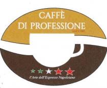 Logo ovale con al centro tazza di caffè di colore bianco,che racchiude un chicco di cafffè stilizzato suddivo in due Logo ovale con al centro tazza di caffè di colore bianco,che racchiude un chicco di cafffè stilizzato suddivo in due parti:parte superiore colore CMYK 0-20-60-20 con scritta di colore Bianco Caffè di Professione e scritta SINCE 1989 di colore CMYK 0-13-25-61;parte inferiore colore CMYK 0-13-25-61 con numero 5 stelle colorate 2 stelle di colore verde,n. 1 di colore bianco dove vi è racchiuso una testa di cavallo colore grigio scuro e numero 2 stelle di colore rosso fuoco,parte sottostante le stelle vi è racchiusa la dicitura l arte dell espresso napoletano. Logo ovale con al centro tazza di caffè di colore bianco,che racchiude un chicco di cafffè stilizzato suddivo in due