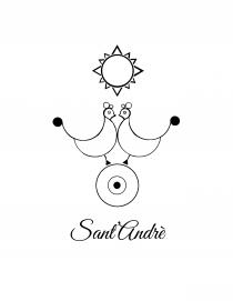 marchio figurativo è formato da una scritta Sant Andrè in font Great Vibes. Nel marchio sono riportati alcuni simboli tipici della marchio figurativo è formato da una scritta Sant Andrè in font Great Vibes. Nel marchio sono riportati alcuni simboli tipici della tradizione Sarda Sopra la scritta ci sono tre cerchi concentrici di diverse dimensioni, di cui quello centrale di dimensioni minori è pieno. Sopra ai tre cerchi sono raffigurate due colombe pavoncelle specchiate l una all altra. Nella parte superiore del marchio è raffigurato un sole stilizzato, composto da un cerchio contornato da triangoli di diverse dimensioni. Il presente marchio può essere riprodotto con tutti i colori e le loro tonalità e con tutti i caratteri di stampa, compresi quelli frutto della creatività. Il marchio figurativo è formato da una scritta Sant Andrè in font Great Vibes.Nel marchio sono riportati alcuni simboli tipici della