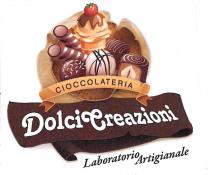 marchio raffigura in maniera stilizzata la scritta Dolci Creazioni con un carattere in grassetto e stampatello minuscolo, di colore marchio raffigura in maniera stilizzata la scritta Dolci Creazioni con un carattere in grassetto e stampatello minuscolo, di colore bianco su un nastro di colore marrone che si ripiega su sé stesso come un ricciolo di cioccolato. Al di sopra sono presenti i disegni cartoon di vari dolciumi, tra cui: un gelato con il cono di colore arancione, una pallina di crema di colore beige, copertura al cioccolato color marrone e una fragolina color rosso con picciolo in verde; due dolci di forma cilindrica di colore marrone con righe in bianco; un dolce rotondo di colore marrone caratterizzato da varie mezzelune in superficie di colore bianco che rappresentano lo zucchero; sovrapposto al cono è raffigurata un dolce con una sfera di colore beige chiaro, disegnata con strisce orizzontali e trasversali di colore marrone che si intersecano e simulano il topping al cioccolato; due tortini di colore marrone, uno con strisce curve di colore bianco sulla superficie e l altro con una linea concentrica in superficie e la parte davanti tagliata dove viene rappresentata la figura di una nocciola beige. Tutti questi dolci sono adagiati su una cialda di colore marrone chiaro e dai bordi frastagliati e su una sorta di tagliere di colore beige dai bordi frastagliati. Sul davanti verso il basso, è presente un etichetta dai bordi piegati e con doppia punta con la scritta CIOCCOLATERIA al centro, di colore marrone e in stampatello maiuscolo. Al di sotto della scritta Dolci Creazioni è presente la scritta LABORATORIO ARTIGIANALE su due livelli, in stampatello minuscolo con iniziali in maiuscolo, di colore marrone e leggermente in trasversale verso l alto. IL TUTTO COME DA ESEMPLARE ALLEGATO MARCHIO FIGURATIVO . Il marchio raffigura in maniera stilizzata la scritta Dolci Creazioni con un carattere in grassetto e stampatello minuscolo, di colore