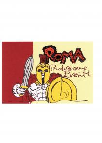 IL MARCHIO E DENOMINATO ROMA PRODUZIONE EVENTI . LA SCRITTA ROMA E IN GRASSETTO DI COLORE ROSSO CON OMBRA MARCHIO E DENOMINATO ROMA PRODUZIONE EVENTI . LA SCRITTA ROMA E IN GRASSETTO DI COLORE ROSSO CON OMBRA IRREGOLARE E TRATTEGGIO INTERNO NERO IN OGNI SINGOLA LETTERA. LA SCRITTA PRODUZIONE EVENTI E A MANO LIBERA DI COLORE NERO. LA DENOMINAZIONE SI TROVA ALLA DESTRA DEL MARCHIO. AL CENTRO UN DISEGNO DI UN GLADIATORE CON IL MANTELLO E LA CRESTA DELL ELMO DI COLORE ROSSO CON LO SCUDO, L ELMO E L IMPUGNATURA DEL GLADIO DI COLORE GIALLO ORO E LA LAMA DI COLORE GRIGIO E IL TUTTO CONTORNATO DI NERO. LO SFONDO DEL MARCHIO E SULLA SINISTRA ROSSO MOGANO E SULLA DESTRA QUASI SINO AL CENTRO E AVANO. IL MARCHIO E DENOMINATO ROMA PRODUZIONE EVENTI . LA SCRITTA ROMA E IN GRASSETTO DI COLORE ROSSO CON OMBRA