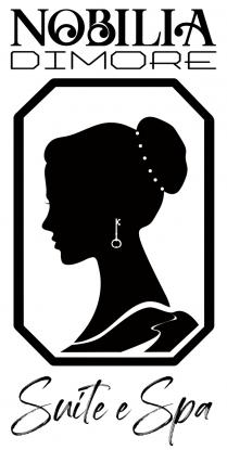 Silhouette di una donna rappresentata di profilo con i capelli legati in acconciatura ed un orecchino a forma di chiave, Silhouette di una donna rappresentata di profilo con i capelli legati in acconciatura ed un orecchino a forma di chiave, incorniciata all interno di un ottagono, sopra quale è scritto NOBILIA DIMORE in caratteri maiuscoli e sotto il quale è scritto Suite e Spa in corsivo. Silhouette di una donna rappresentata di profilo con i capelli legati in acconciatura ed un orecchino a forma di chiave