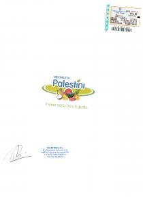 Ortofrutta Palestini Il viver sano ha un gusto. Il marchio è composto dalla scritta Palestini di colore blu con una fogliolina Ortofrutta Palestini viver sano ha un gusto. Il marchio è composto dalla scritta Palestini di colore blu con una fogliolina verde sulla prima i e la scritta blu Ortofrutta in alto a sinistra. La scritta Palestini poggia su una forma ellittica di colore verde chiaro che ha un anello ellittico esterno di colore verde più scuro. Alla base della forma ellittica c è una rappresentazione fotorealistica di frutta e ortaggi. Conclude il marchio la scritta verde chiaro Il viver sano ha un gusto . Ortofrutta Palestini Il viver sano ha un gusto.Il marchio è composto dalla scritta Palestini di colore blu con una fogliolina