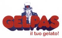 Disegno dello Zio Sam in posizione frontale con giacca blu e camicia bianca e cappello bianco con fascia blu contenente, Disegno dello Zio Sam in posizione frontale con giacca blu e camicia bianca e cappello bianco con fascia blu contenente, al suo interno, al centro, una stella rossa, Sul busto dello Zio Sam è posizionata la scritta in maiuscolo GELPAS scritta di colore rosso le cui profondità sono di colore blu . Al di sotto della scritta, a partire dalla lettera P verso destra, è presente la scritta in corsivo minuscolo di colore rosso tuo gelato . Disegno dello Zio Sam in posizione frontale con giacca blu e camicia bianca e cappello bianco con fascia blu contenente