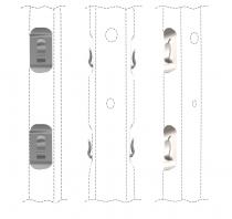 Marchio di posizione costituito da elementi geometrici detti bugne posti sui lati di un palo per filari. Tali elementi sono Marchio di posizione costituito da elementi geometrici detti bugne posti sui lati di un palo per filari. Tali elementi sono ricavati in depressione con riportata sul fondo un aletta sporgente e sono contraddistinti da una forma allungata con le opposte estremità rastremate con convessità verso l esterno. Tali elementi sono verticalmente allineati sul palo ed equidistanziati l uno dall altro. Le linee tratteggiate hanno solo scopo di mostrare la posizione del marchio, ma non formano parte del marchio. Marchio di posizione costituito da elementi geometrici detti bugne posti sui lati di un palo per filari. Tali elementi sono