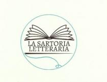 un cerchio creato da un filo di colore azzurro che parte da un ago nero con all interno una scritta la un cerchio creato da un filo di colore azzurro che parte da un ago nero con all interno una scritta la sartoria letteraria di colore nero e sopra disegno di un libro aperto un cerchio creato da un filo di colore azzurro che parte da un ago nero con all interno una scritta la