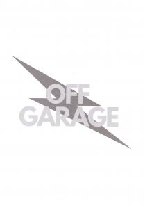 OFF GARAGE le scritte che sormontano l immagine di una saetta stilizzata che va da sinistra verso destra . la scritta OFF è OFF GARAGE le scritte che sormontano l immagine di una saetta stilizzata che va da sinistra verso destra . la scritta OFF è collocata nella parte superiore centrale la scritta GARAGE è collocata nella parte inferiore centrale la scritta OFF si può tradurre con SPENTO oppure CHIUSO OFF GARAGE le scritte che sormontano l immagine di una saetta stilizzata che va da sinistra verso destra .la scritta OFF è