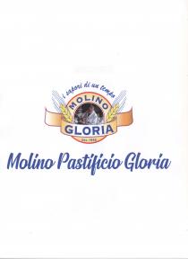 logo è di forma circolare attraversato da una fascia che fuoriesce dalle estremità. Al centro troviamo la foto del logo è di forma circolare attraversato da una fascia che fuoriesce dalle estremità. Al centro troviamo la foto del fondatore rappresentato mentre effettua un controllo sulla farina con una sassola in mano. Troviamo due spighe che fuoriescono dalla fascia verso l alto una a destra e una a sinistra. Sopra la parte circolare troviamo la dicitura I SAPORI DI UN TEMPO, sotto MOLINO PASTIFICIO GLORIA, all interno MOLINO GLORIA DAL 1945. Le diciture sono di colore blu, le spighe gialle e il fondo della parte circolare giallo paglierino con un bordino rosso. Il logo è di forma circolare attraversato da una fascia che fuoriesce dalle estremità. Al centro troviamo la foto del