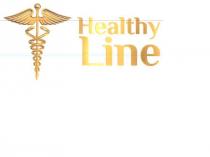 marchio é composta da due parole HEALTHY LINE accanto a un simbolo che ha una forma di verga con marchio é composta da due parole HEALTHY LINE accanto a un simbolo che ha una forma di verga con due serpenti simmetricamente intrecciati a due ali aperte alla sommità. Il marchio é composta da due parole HEALTHY LINE accanto a un simbolo che ha una forma di verga con