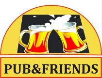 Marchio figurativo con elementi verbali costituito dagli elementi verbali stilizzati PUB FRIENDS raffigurati in colore nero ed in carattere Marchio figurativo con elementi verbali costituito dagli elementi verbali stilizzati PUB FRIENDS raffigurati in colore nero ed in carattere stampatello maiuscolo. I suddetti elementi verbali insistono su una figura di forma rettangolare raffigurata in colore giallo con bordo di colore rosso. Al di sopra di detta figura è posta un altra figura di forma semicircolare e di colore giallo con bordo in colore rosso sulla quale insiste a sua volta una figura quadrangolare di colore nero con n. due boccali pieni di birra raffigurati nell atto del brindisi. Dette immagini sono raffigurate nei colori grigio, grigio chiaro, grigio scuro, bianco, rosso, giallo intenso, marrone chiaro. marchio insiste su sfondo di colore bianco. Marchio figurativo con elementi verbali costituito dagli elementi verbali stilizzati PUB FRIENDS raffigurati in colore nero ed in carattere