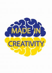 MADE IN CREATIVITY-Il Marchio è composto dall icona di un cervello visto dall alto suddiviso nei due emisferi, di colori giallo e MADE IN CREATIVITY-Marchio è composto dall icona di un cervello visto dall alto suddiviso nei due emisferi, di colori giallo e blu con scritte MADE IN e CREATIVITY del medesimo colore in contrasto di campo, a caratteri tridimensionali. MADE IN CREATIVITY-Il Marchio è composto dall icona di un cervello visto dall alto suddiviso nei due emisferi, di colori giallo e