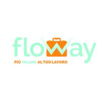 Testo minuscolo floway in carattere/font Raleway, colore Pant. 3242 C, con lettera w inserita centralmente in disegno a forma di Testo minuscolo floway in carattere/font Raleway, colore Pant. 3242 C, con lettera w inserita centralmente in disegno a forma di valigia/cartella, colore Pant. 151 C. Situata sotto, allineata a sinistra terminante sotto la w è presente la Frase PIU VALORE AL TUO LAVORO tutta maiuscola, colore con le parole PIU AL TUO LAVORO in colore Pant. 151 C e la parola VALORE in colore Pant. 3242 C. Sfondo trasparente. Testo minuscolo floway in carattere/font Raleway, colore Pant. 3242 C, con lettera w inserita centralmente in disegno a forma di