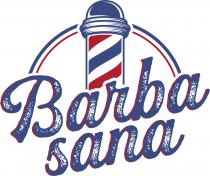 marchio consiste nell elemento denominativo Barba Sana, in particolare grafia a colori comprendente le due parole sovrapposte scritte in carattere marchio consiste nell elemento denominativo Barba Sana, in particolare grafia a colori comprendente le due parole sovrapposte scritte in carattere corsivo colorato in blu e contornate in rosso, cosparse di chiazze formate da fitta pluralità di segni bianchi specie sui tratti più spessi a idealizzare una saponata e peli di barba; più sovrapposto elemento figurativo costituito da apice di tradizionale insegna a palo da barbiere a spirale di strisce bianche, rosse e blu che ne percorre la lunghezza, con tipico pomo sommitale costituente la chiave di righe rosse e blu che ricadono alle due estremità dell elemento denominativo. Il marchio consiste nell elemento denominativo Barba Sana, in particolare grafia a colori comprendente le due parole sovrapposte scritte in carattere