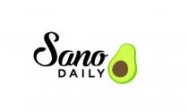 SANO in carattere di fantasia sotto cui è posta la dicitura DAILY unito a figura stilizzata di avocado aperto di SANO in carattere di fantasia sotto cui è posta la dicitura DAILY unito a figura stilizzata di avocado aperto di colore verde e marrone SANO in carattere di fantasia sotto cui è posta la dicitura DAILY unito a figura stilizzata di avocado aperto di