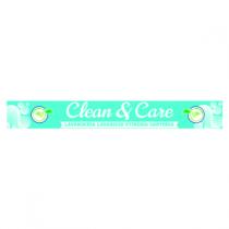 scritta Clean Care - LAVANDERIA LAVASECCO STIRERIA SARTORIA su sfondo celeste con bolle di sapone ai margini laterali del scritta Clean Care - LAVANDERIA LAVASECCO STIRERIA SARTORIA su sfondo celeste con bolle di sapone ai margini laterali del riquadro e cerchi bianchi con bordi blu con dentro due foglie verdi scritta Clean Care - LAVANDERIA LAVASECCO STIRERIA SARTORIA su sfondo celeste con bolle di sapone ai margini laterali del